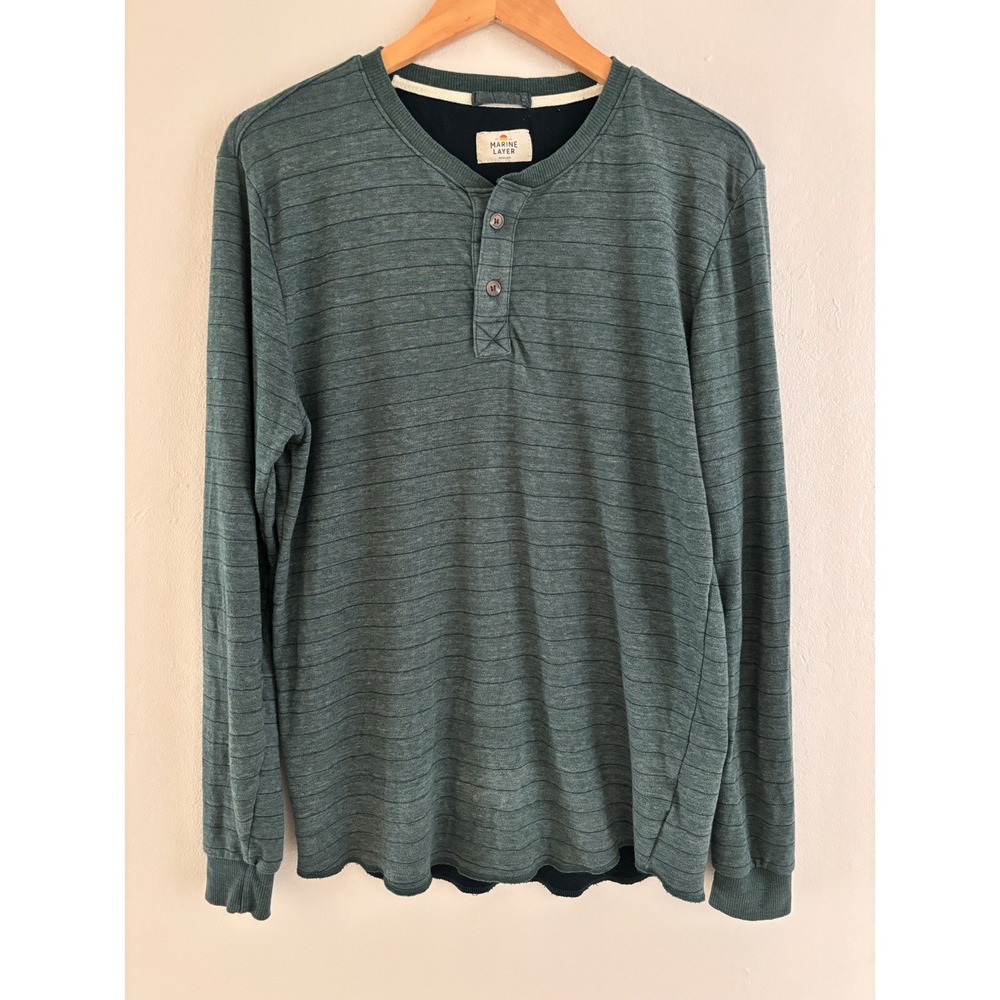 Marine Layer Henley Green Striped Long Sleeve Pullover Men's M Preppy Lounge